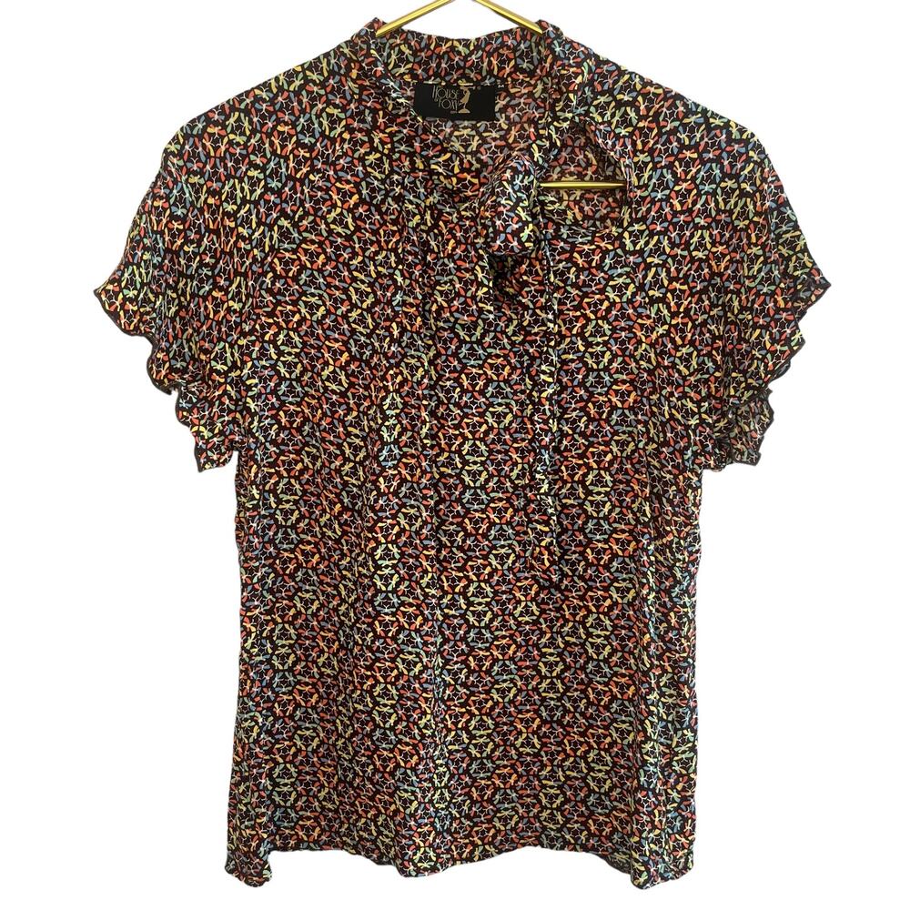 House of Foxy blouse in Deco Mod Butterfly print - Medium, brown, tie at neck.